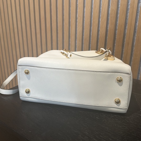 Michael Kors Cynthia Medium Saffiano Leather Satchel, Optic White - Picture 7 of 8